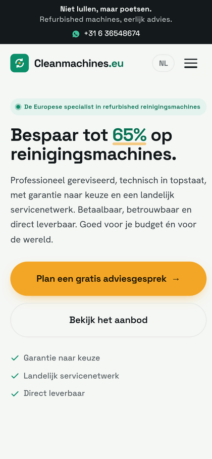 Schermafbeelding van Cleanmachines.eu op een telefoon